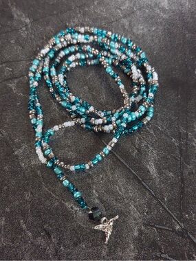 Handmade Teal and Silver Beaded Wrap Necklace with Angel Charm